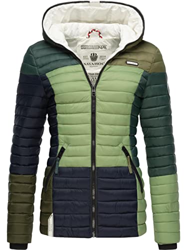 Navahoo Damen Übergangsjacke Colorblocking leichte Steppjacke mit Kapuze Multikulti Multicolour Green Forest Gr. S von Navahoo