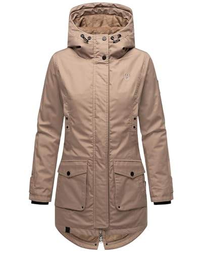 Navahoo Damen Übergangsjacke Warmer Kurzmantel Regenjacke wasserdicht mit Kapuze Brinjaa Taupe Grey Gr. S von Navahoo