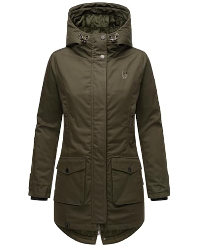 Navahoo Damen Übergangsjacke Warmer Kurzmantel Regenjacke wasserdicht mit Kapuze Brinjaa Dark Olive Gr. M von Navahoo