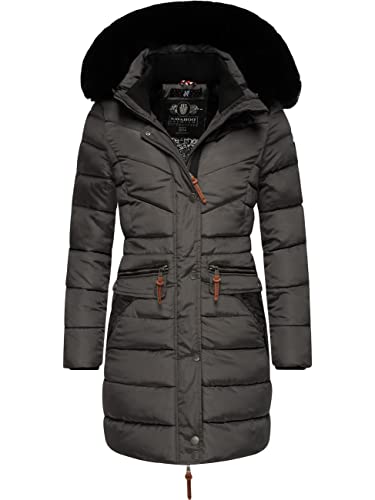 Navahoo Damen Wintermantel Warmer Steppmantel lang mit Abnehmbarer Kunstfell-Kapuze Paula Anthracite with Black fur Gr. XXL von Navahoo