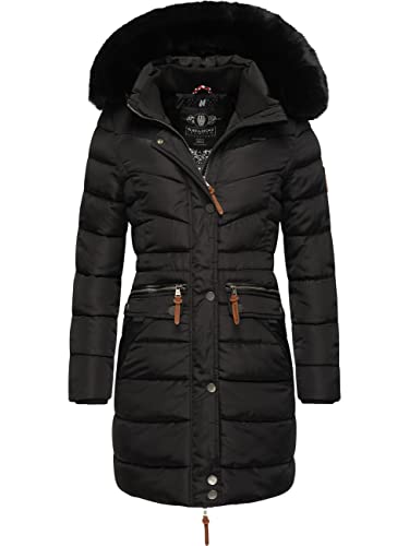 Navahoo Damen Wintermantel Warmer Steppmantel lang mit Abnehmbarer Kunstfell-Kapuze Paula Black with Black fur Gr. M von Navahoo