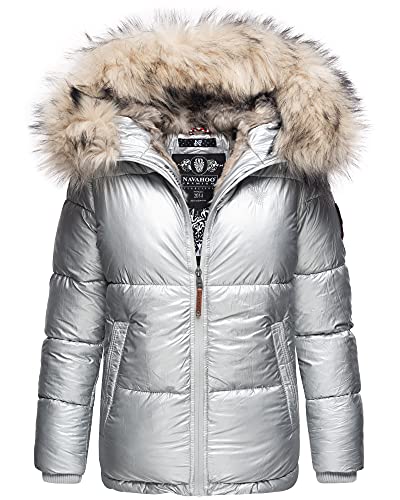 Navahoo Damen Winter Jacke Stepp Kurz Mantel Stepp Parka Kunstfell Kapuze TIKUNAA XS - L (Silber, XS) von Navahoo