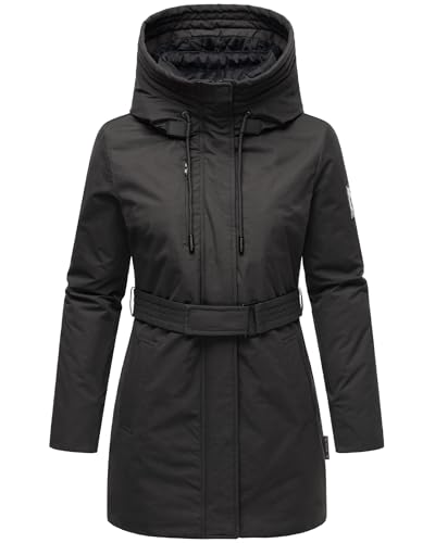 Navahoo Damen Parka Lange Winterjacke warm mit Taillengürtel und (abnehmbaren) Fleece-Kragen Eishauch 14 Black Gr. XL von Navahoo