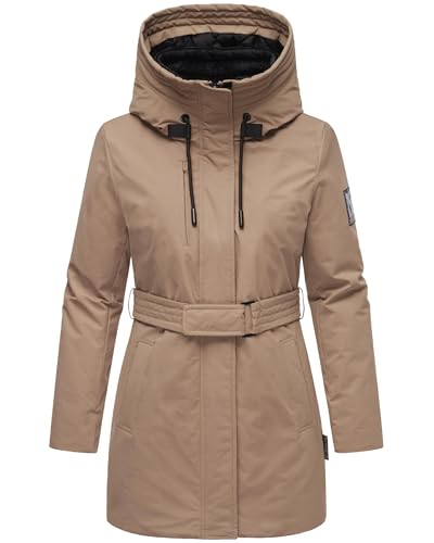 Navahoo Damen Parka Lange Winterjacke warm mit Taillengürtel und (abnehmbaren) Fleece-Kragen Eishauch 14 Taupe Grey Gr. L von Navahoo