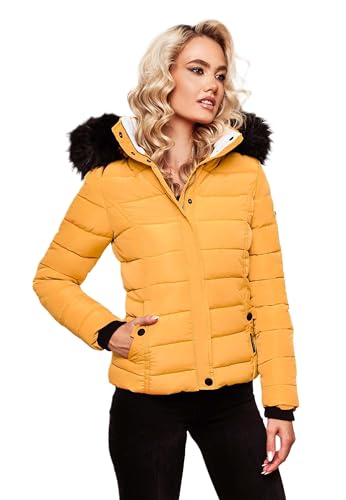 Navahoo Damen Winter Steppjacke Jacke mit abnehmbarem Fellkragen B355 [B355-Miamor-Gelb-Gr.M] von Navahoo