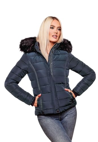 Navahoo Damen Winter Steppjacke Jacke mit abnehmbarem Fellkragen B355 [B355-Miamor-Navy-Gr.S] von Navahoo