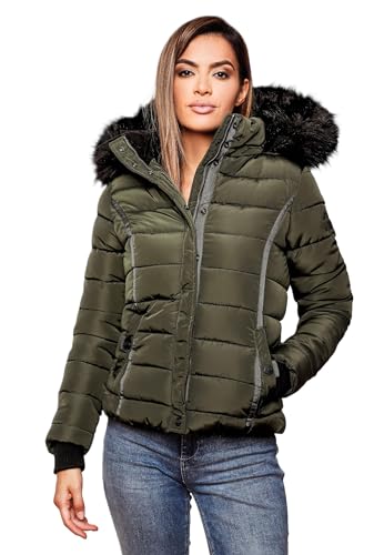 Navahoo Damen Winter Steppjacke Jacke mit abnehmbarem Fellkragen B355 [B355-Miamor-Olive-Gr.M] von Navahoo