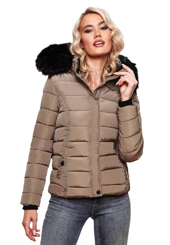 Navahoo Damen Winter Steppjacke Jacke mit abnehmbarem Fellkragen B355 [B355-Miamor-Taupe-G.-Gr.XS] von Navahoo