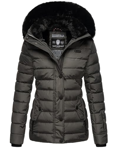 Navahoo Damen Winter Steppjacke mit Kapuze und Fellkragen B846 [B846-Anthrazit-Gr.S] von Navahoo