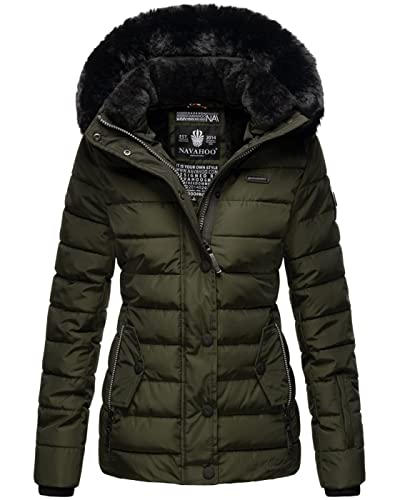 Navahoo Damen Winter Steppjacke mit Kapuze und Fellkragen B846 [B846-Olive-Gr.M] von Navahoo