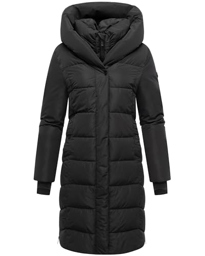 Navahoo Damen Winter Steppmantel Parka lang mit Kapuze – warme elegante Winterjacke, gefütterter Wintermantel Laubzauber XS - 4XL (DE/NL/SE/PL, Alphanumerisch, L, Regular, Regular, Schwarz) von Navahoo