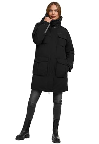 Navahoo Damen Winterjacke (S-3XL) - 8 Taschen, lang, hochstehender und gefütterter Kragen, große Kapuze, Mantel, Warme Jacke Frauen - N037 (M, Schwarz) von Navahoo