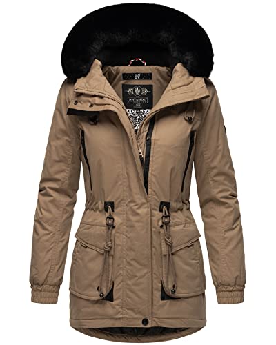 Navahoo Damen Winterjacke Parka mit Kapuze und Fellkragen warm gefüttert B869 [B869-Oless-Taupe-Gr.M] von Navahoo