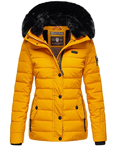 Navahoo Damen warme Winter Steppjacke mit Abnehmbarer Kunstfell-Kapuze Milianaa Yellow Gr. S von Navahoo