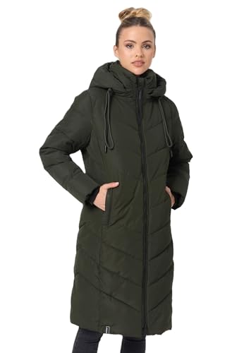 Navahoo Damen Winterjacke lang Stepp Winter Jacke gesteppt Kapuze B982 [B982-Sahnekatz-D-Olive-Gr.L] von Navahoo