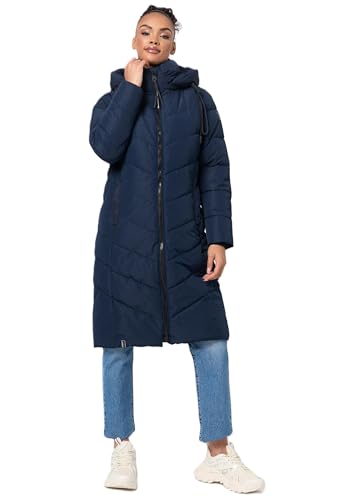 Navahoo Damen Winterjacke lang Stepp Winter Jacke gesteppt Kapuze B982 [B982-Sahnekatz-Navy-Gr.M] von Navahoo
