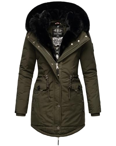 Navahoo Damen Winterjacke mit Kunstpelz Kragen und Fellkapuze abnehmbar gefüttert B938 [B938-Sweety-Del-D-Olive-Gr.S] von Navahoo