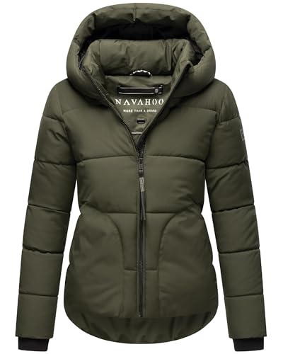 Navahoo Damen Winterjacke warme Kurze Steppjacke mit reflektierenden Details, Verstellbarer Kapuze und hohem Kragen Lachperle XIV Dark Olive Gr. XL von Navahoo