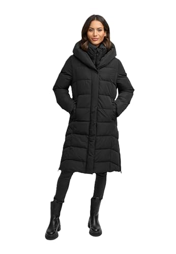 Navahoo Damen Wintermantel (XS-4XL) - gesteppt, mit gefütterter Kapuze und Gehschlitze - N080 - Schwarz Größe S - Gr.S von Navahoo