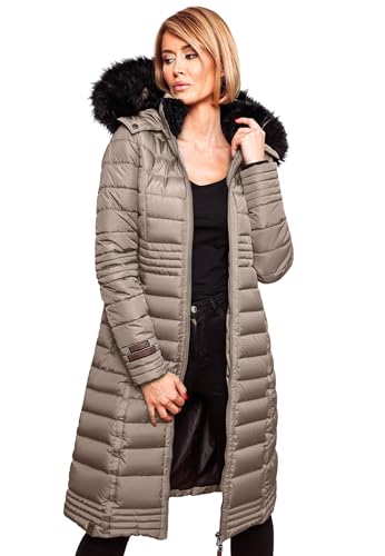 Navahoo Damen Wintermantel Mantel Steppmantel Winter Jacke lang Stepp warm Teddyfell B670 [B670-Uma-Taupe-Gr.M] von Navahoo