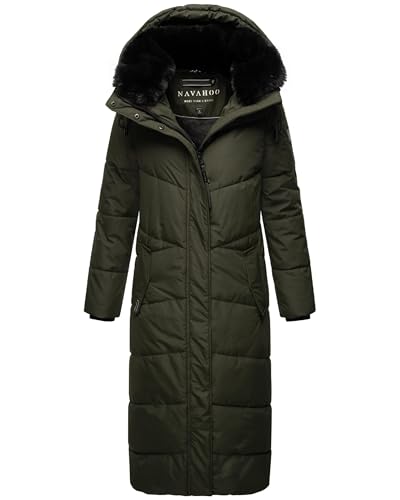 Navahoo Damen Wintermantel Steppmantel extralang mit Abnehmbarer Kapuze Hingucker XIV Dark Olive Gr. L von Navahoo