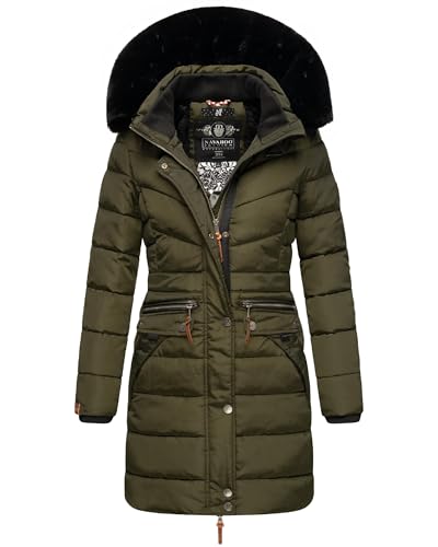 Navahoo Damen Winter Steppmantel Paula Dark Olive with Black fur Gr. XS von Navahoo