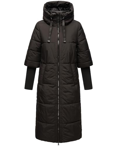 Navahoo Damen Wintermantel Warmer Steppmantel lang mit Kapuze und Rippstrickärmeln Ciao MIAU XIV Black Gr. S von Navahoo