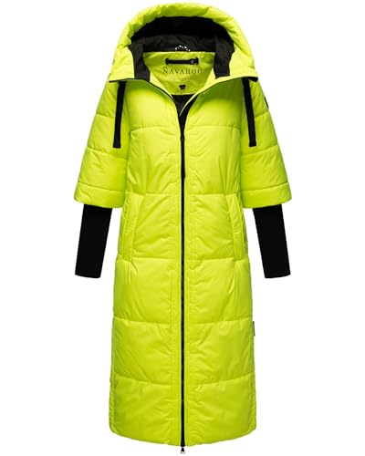 Navahoo Damen Wintermantel Warmer Steppmantel lang mit Kapuze und Rippstrickärmeln Ciao MIAU XIV Neon Green Gr. L von Navahoo