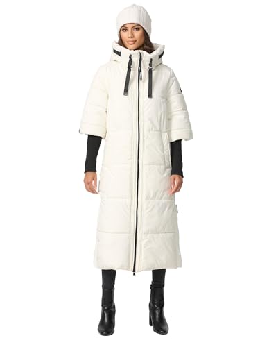 Navahoo Damen Wintermantel Warmer Steppmantel lang mit Kapuze und Rippstrickärmeln Ciao MIAU XIV Offwhite Gr. S von Navahoo