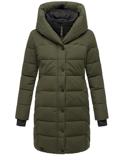 Navahoo Damen Wintermantel Warmer Steppmantel lang mit Kapuze und abnehmbarem Fleece-Kragen Knutschilein Dark Olive Gr. XS von Navahoo