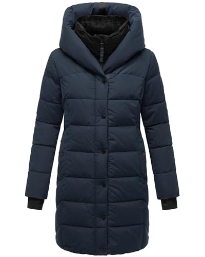 Navahoo Damen Wintermantel Warmer Steppmantel lang mit Kapuze und abnehmbarem Fleece-Kragen Knutschilein Navy Gr. XXL von Navahoo