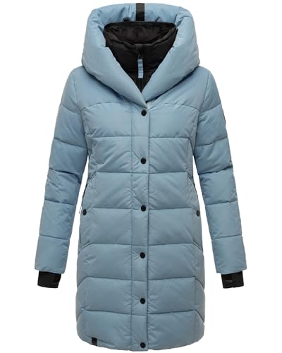 Navahoo Damen Wintermantel Warmer Steppmantel lang mit Kapuze und abnehmbarem Fleece-Kragen Knutschilein Powder Blue Gr. L von Navahoo