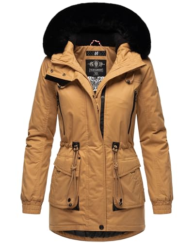 Navahoo Damen Wintermantel Winterjacke Baumwolle Parka mit Kapuze Kunstpelz Olessaa S-XXL (DE/NL/SE/PL, Alphanumerisch, L, Regular, Regular, Camel) von Navahoo