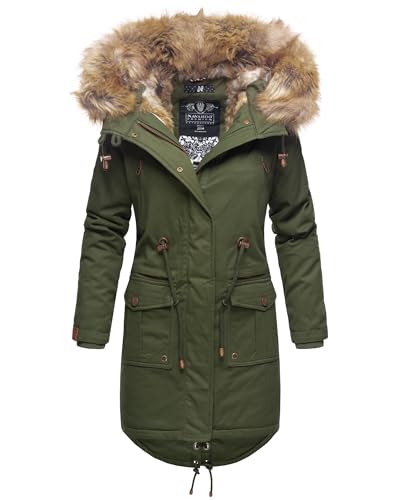 Navahoo Damen Wintermantel Winterjacke Baumwolle Parka mit Kapuze Kunstpelz Rosinchen S-XXL (DE/NL/SE/PL, Alphanumerisch, XXL, Regular, Regular, Olive) von Navahoo