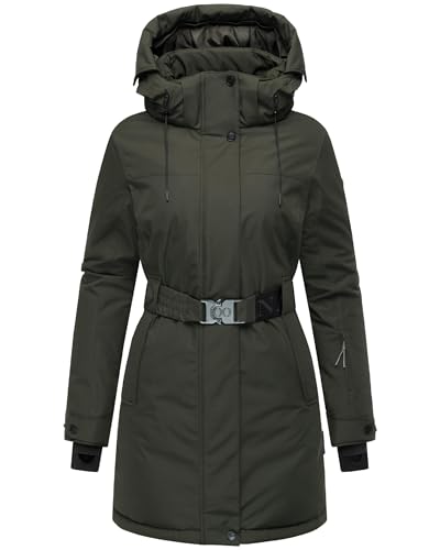 Navahoo Damen Wintermantel warmer Parka mit abnehmbarer Kapuze und Taillengürtel Frostkuss 14 Dark Olive Gr. M von Navahoo
