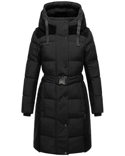 Navahoo Damen Wintermantel warmer Plüschmantel mit Taillengürtel in angesagtem Material-Mix mit Teddyfell Funkelteddy 14 Black Gr. XS von Navahoo