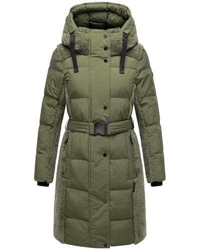 Navahoo Damen Wintermantel warmer Plüschmantel mit Taillengürtel in angesagtem Material-Mix mit Teddyfell Funkelteddy 14 Olive Leaf Gr. XS von Navahoo