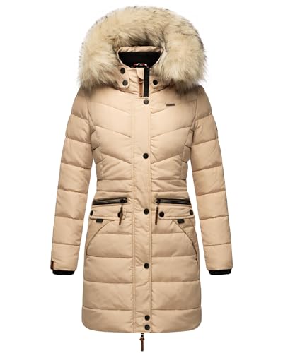 Navahoo Damen Wintermantel Warmer Steppmantel lang mit Abnehmbarer Kunstfell-Kapuze Paula Beige Gr. XL von Navahoo