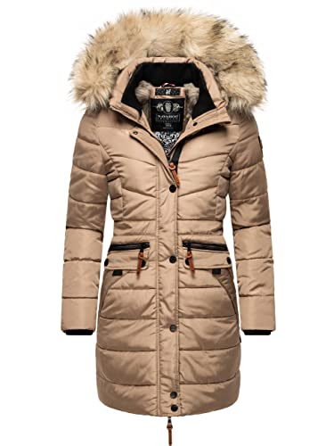 Navahoo Damen Wintermantel Warmer Steppmantel lang mit Abnehmbarer Kunstfell-Kapuze Paula Taupe Grey Gr. S von Navahoo