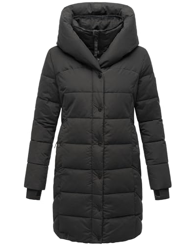 Navahoo Damen Wintermantel Warmer Steppmantel lang mit Kapuze und abnehmbarem Fleece-Kragen Knutschilein Black Gr. L von Navahoo