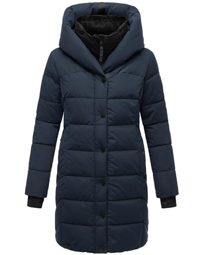 Navahoo Damen Wintermantel Warmer Steppmantel lang mit Kapuze und abnehmbarem Fleece-Kragen Knutschilein Navy Gr. S von Navahoo