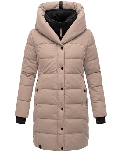 Navahoo Damen Wintermantel Warmer Steppmantel lang mit Kapuze und abnehmbarem Fleece-Kragen Knutschilein Taupe Grey Gr. M von Navahoo