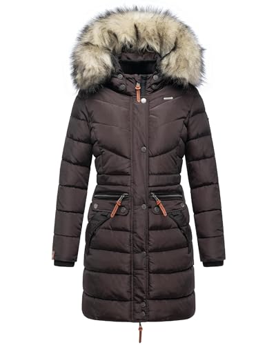 Navahoo Damen Wintermantel warmer Steppmantel lang mit abnehmbarer Kunstfell-Kapuze Paula Choco Gr. L von Navahoo
