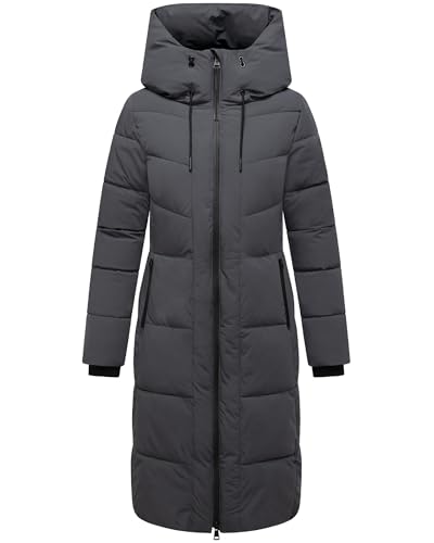 Navahoo Damen Wintermantel warmer Steppmantel mit 2-Wege Reißverschluss, wasserdichten Reißverschlüssen und verstellbarer Kapuze Schokokuss XIV Anthracite Gr. S von Navahoo