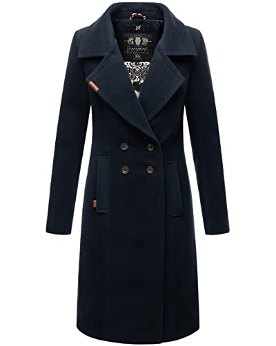 Navahoo Damen Mantel in Wollmantel-Optik Langer Trenchcoat mit Reverskragen Wooly Navy Gr. S von Navahoo
