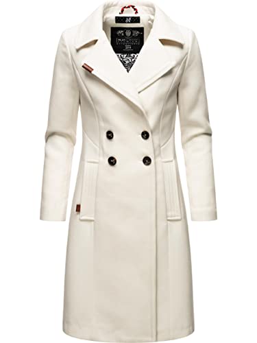 Navahoo Damen Mantel in Wollmantel-Optik Langer Trenchcoat mit Reverskragen Wooly Offwhite Gr. L von Navahoo