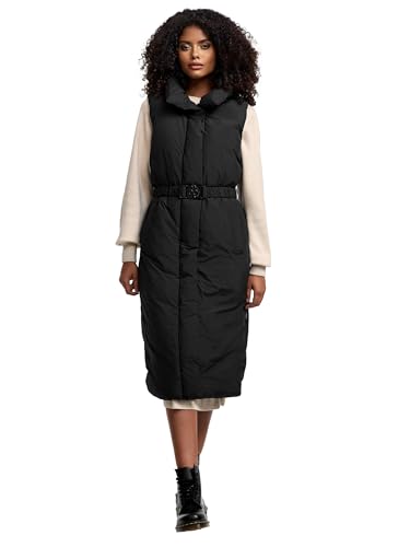 Navahoo Damen ärmellose Lange Outdoorweste warme Winterjacke mit Taillengürtel und Magnet-Flap Abendlied XIV Black Gr. M von Navahoo