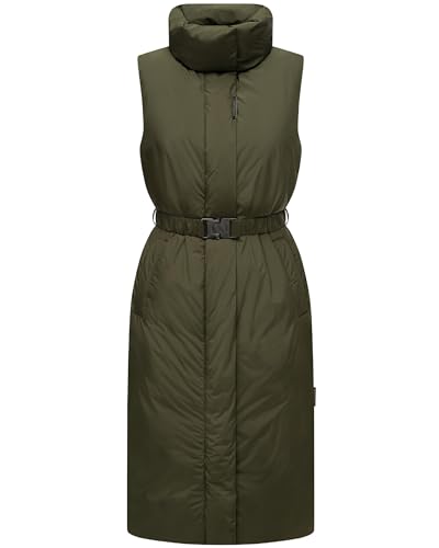 Navahoo Damen ärmellose Lange Outdoorweste warme Winterjacke mit Taillengürtel und Magnet-Flap Abendlied XIV Dark Olive Gr. S von Navahoo