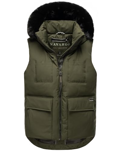Navahoo Damen ärmellose Outdoorweste warme Winterjacke mit Kapuze und abnehmbarem Kunstfell Zimthäschen XIV Dark Olive Gr. M von Navahoo