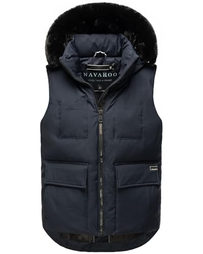 Navahoo Damen ärmellose Outdoorweste warme Winterjacke mit Kapuze und abnehmbarem Kunstfell Zimthäschen XIV Navy Gr. L von Navahoo